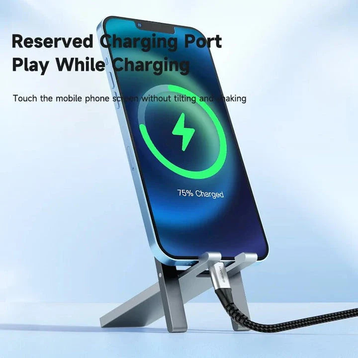Adjustable metal phone stand in grey colour, foldable and portable for smartphones