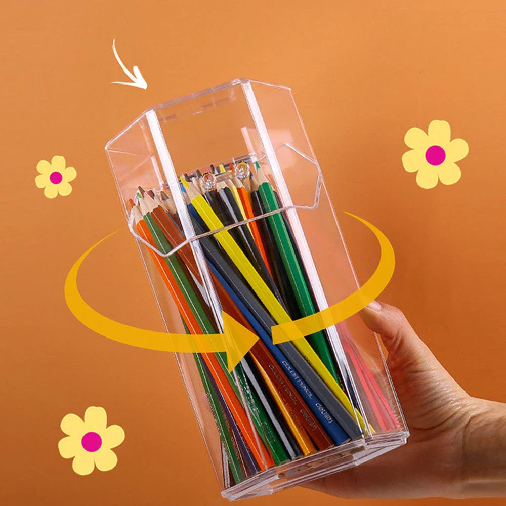 Clear acrylic pen and makeup brush holder with sleek, transparent design for stylish desktop or vanity organisation