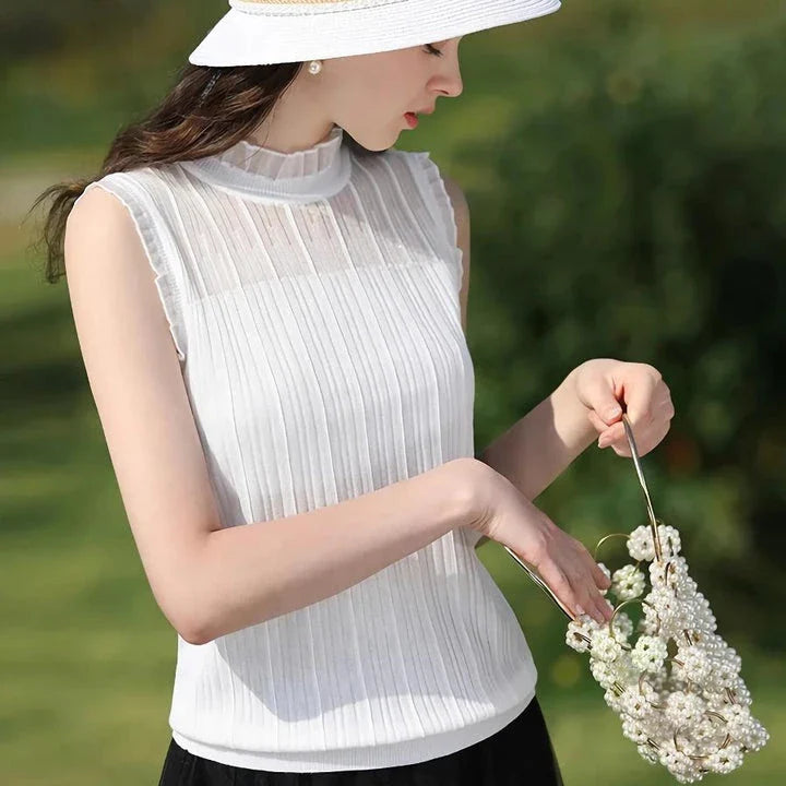 Elegant lace mullet tank top with high collar, perfect for women's spring and summer fashion
