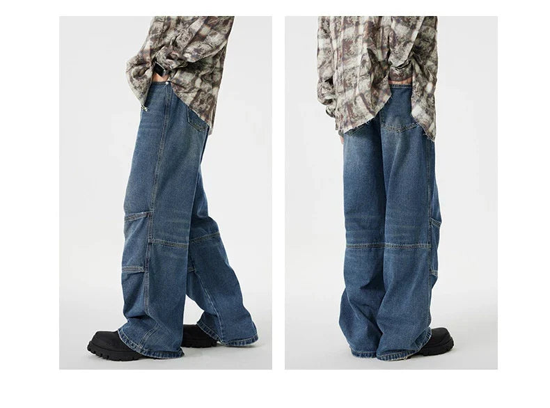 Men's overalls in retro blue denim with zipper fly and comfortable mid-waist design