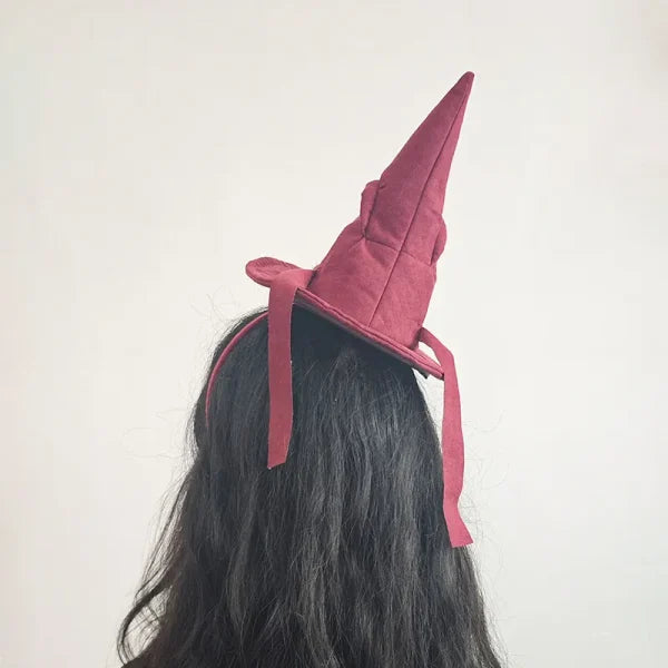 Sortband Halloween Witch Hat Headband in red, green, and brown colours with a unique, handcrafted design