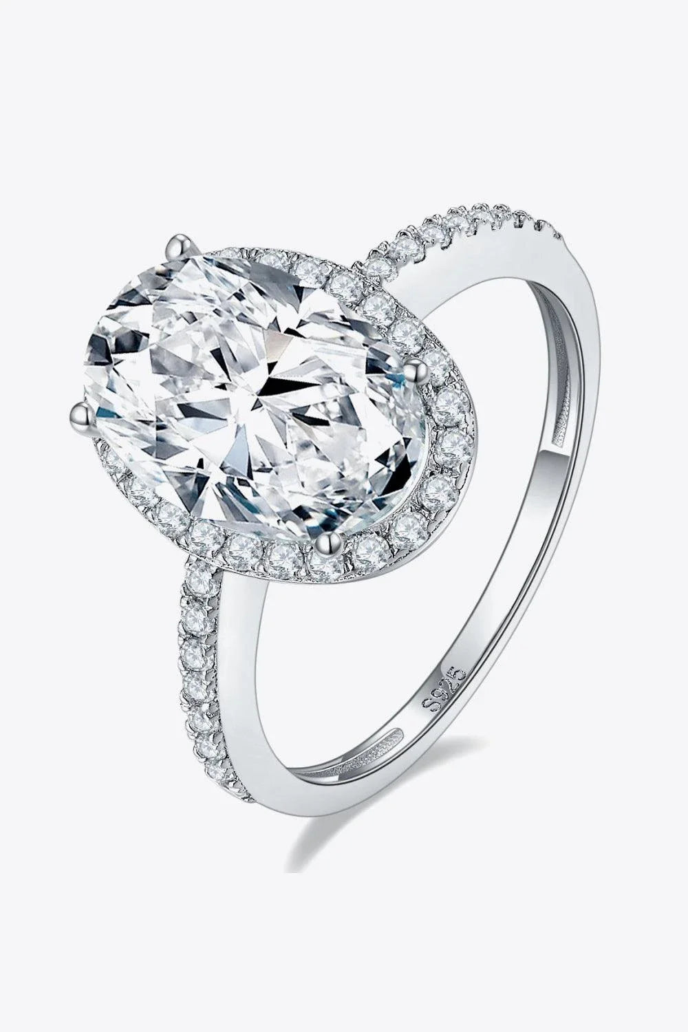 Elegant moissanite halo ring in polished sterling silver with a captivating 4.5-carat centre stone