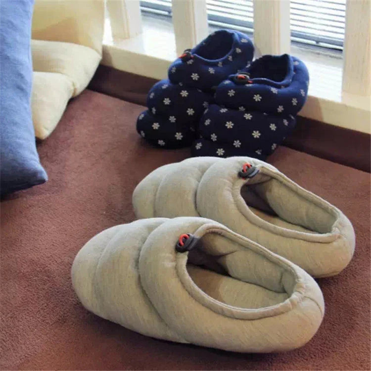 Couples' Soft Warm Half-Heel Bread Shoes in Grey, featuring a unique low-profile design for comfort and style.