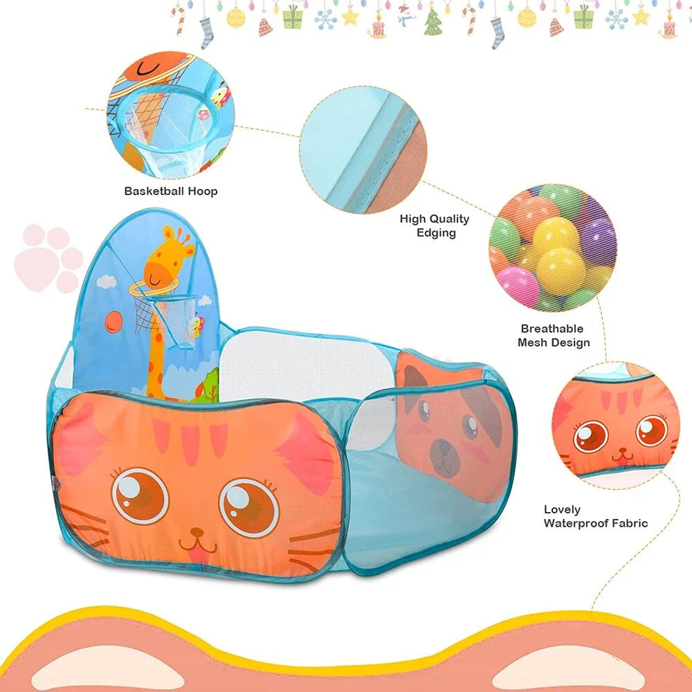 Portable Kids Ball Pit Play Tent with Colourful Animal Graphics and Basketball Hoop