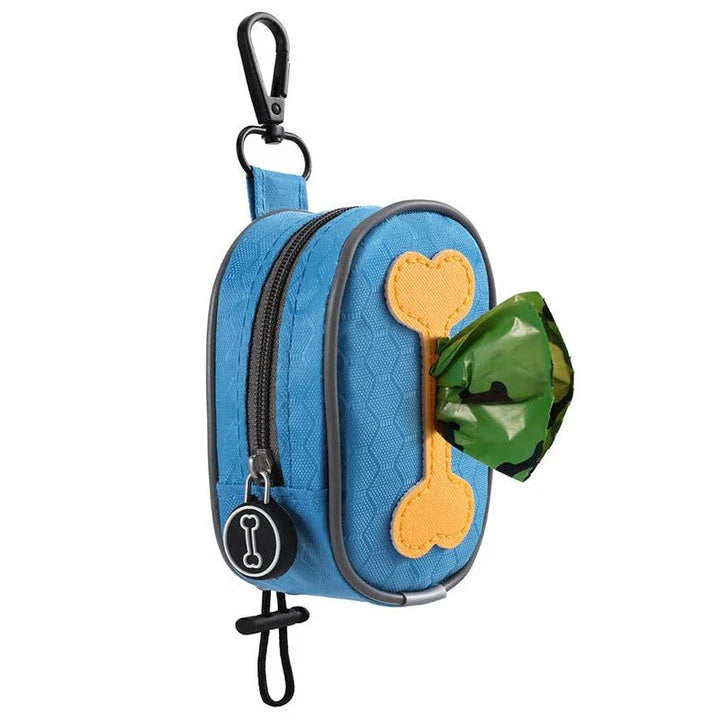 A heavy-duty, weatherproof dog poop bag dispenser made of Oxford fabric with a lavender-scented, leak-proof bag system.