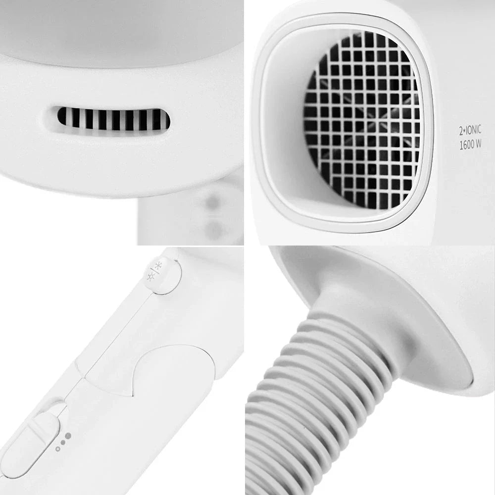 Compact and portable hair dryer with foldable handle, two-speed settings, and multiple nozzle positions for versatile styling