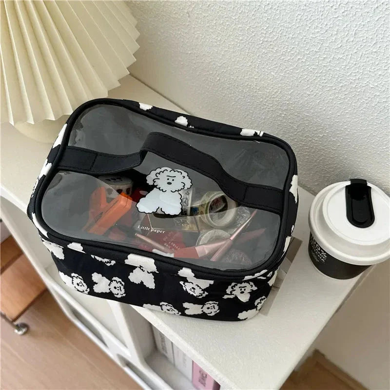 Cute dog-themed makeup bag with a playful design, made from durable cotton and PVC materials for practical and stylish organisation.