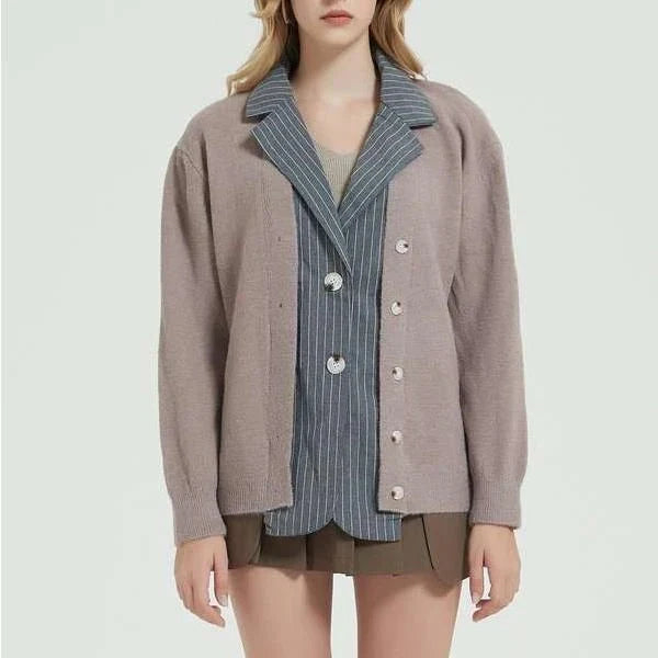 Coveted Autumn Patchwork Knit Cardigan in Khaki, featuring a unique patchwork design and classic turn-down collar