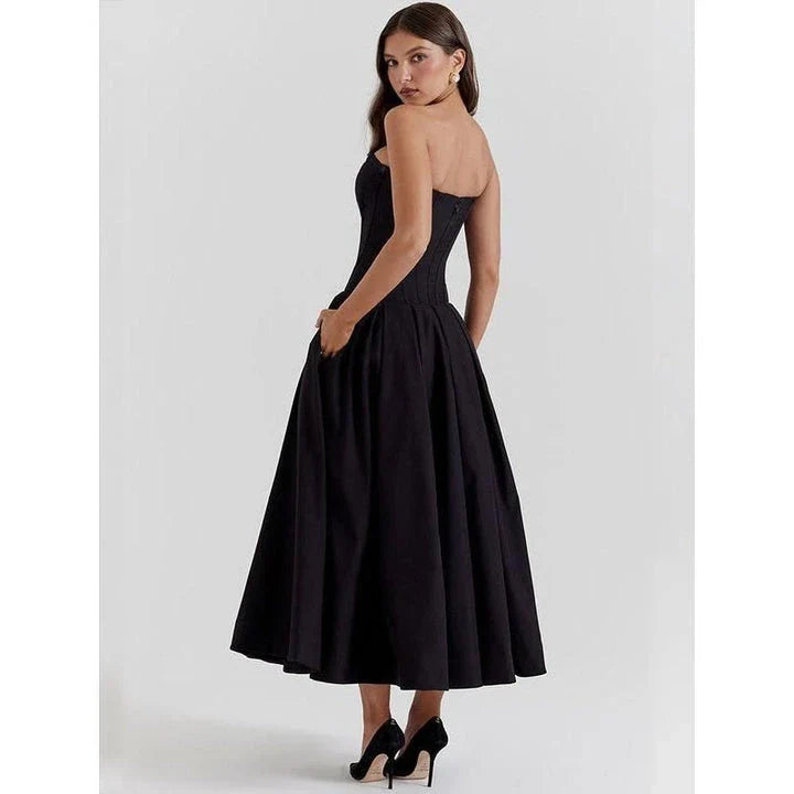 Elegant backless midi dress in black colour for sophisticated British women