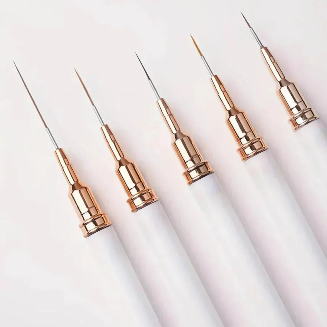 A 5-piece set of precision nail art liner brushes in various sizes for creating intricate designs and patterns on nails