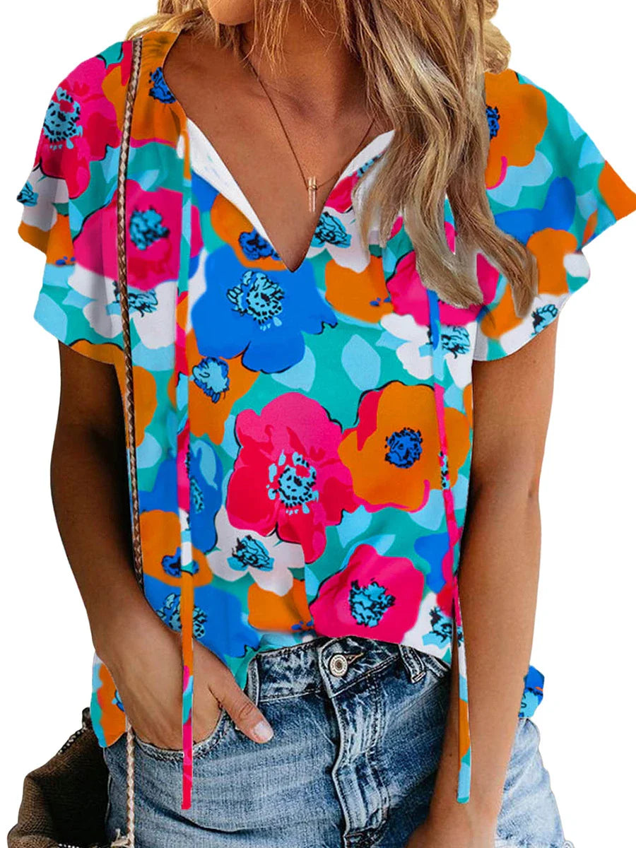 Elegant floral print drawstring v-neck short sleeve top in a pastoral, feminine style