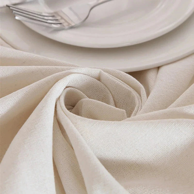 Elegant polyester linen tablecloth with delicate lace edging, available in various sizes for a sophisticated dining experience.
