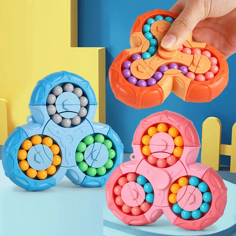 A vibrant, colourful fingertip puzzle cube with a unique rotating mechanism designed to challenge the mind and relieve stress.