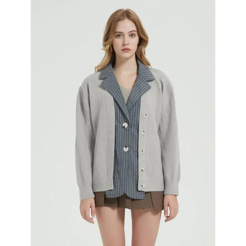 Coveted Autumn Patchwork Knit Cardigan in Khaki, featuring a unique patchwork design and classic turn-down collar
