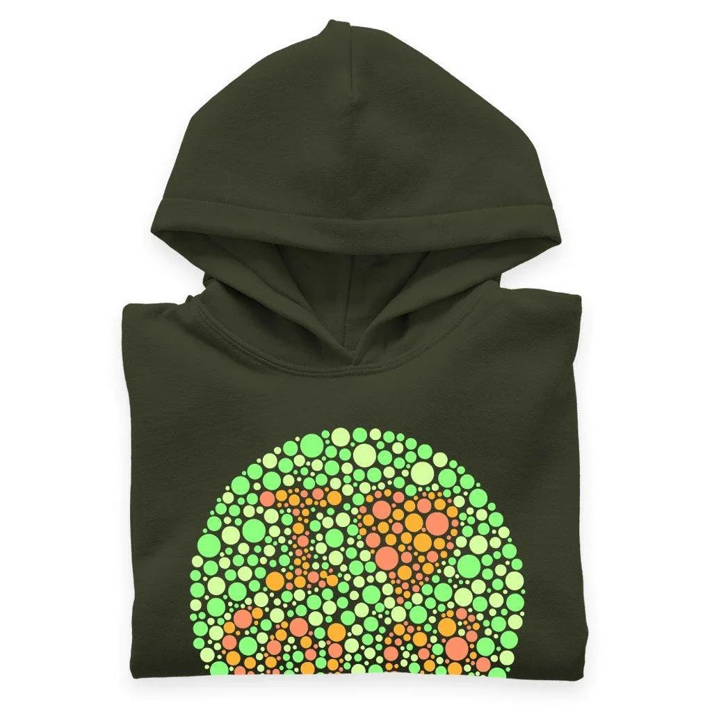 A cosy and flexible kids' hoodie with a colour-blind test design, made with premium Airlume cotton and eco-friendly practices.