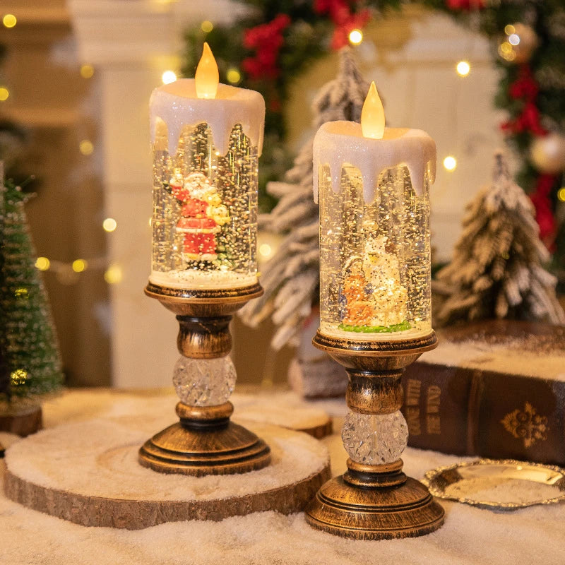 Charming Christmas candle scene layout with festive old man figure, panda pillow, and snowman candle