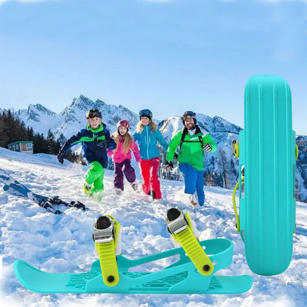 Adjustable mini ski skates with durable nylon and aluminium alloy construction, suitable for UK snow sports enthusiasts