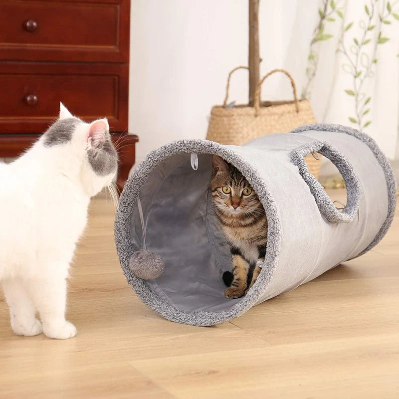 Collapsible cat tunnel made of crinkle suede with a peek hole, designed for cat play and exploration