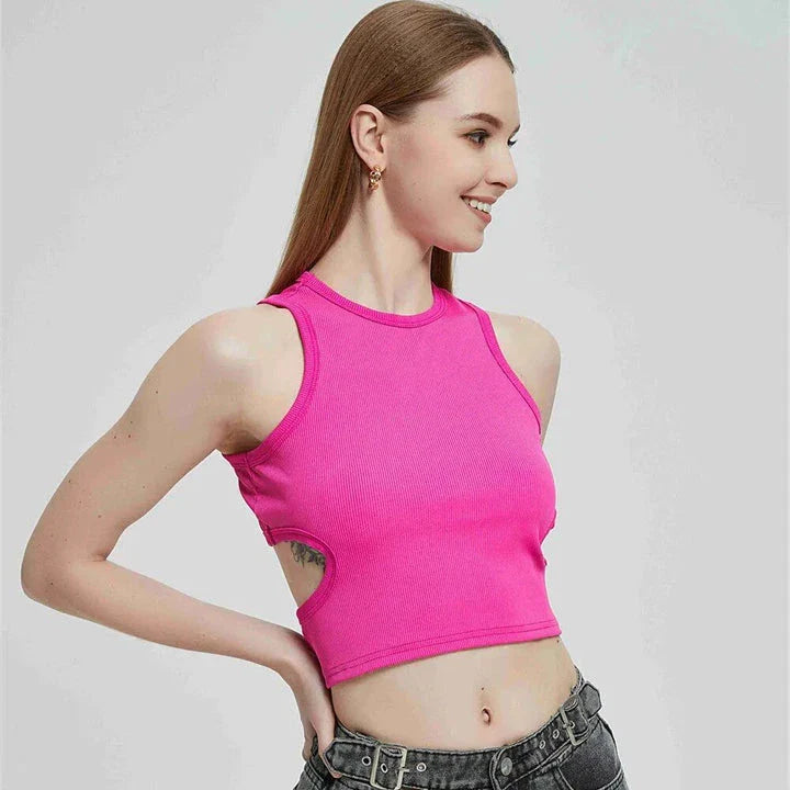 A chic and stylish ribbed knit Y2K tank top in a classic green colour, designed for the fashion-conscious British consumer.