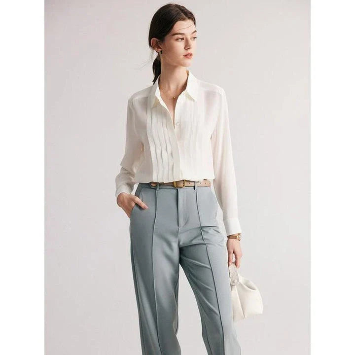 Elegant white mulberry silk office blouse with classic turn-down collar and straight, regular fit for a flattering silhouette