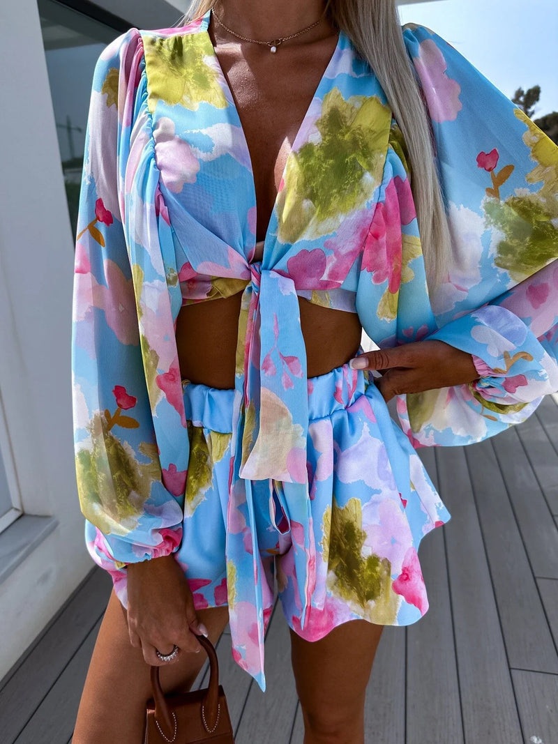 Homeenjoy UK Elegant Chiffon Pleated Shirt and Shorts Set