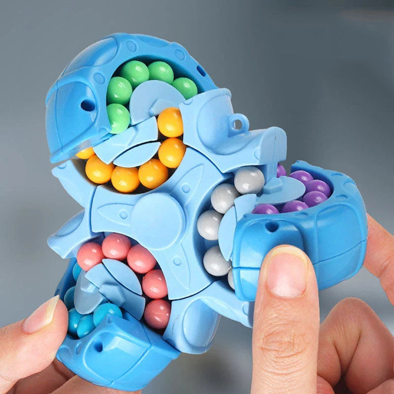 A vibrant, colourful fingertip puzzle cube with a unique rotating mechanism designed to challenge the mind and relieve stress.