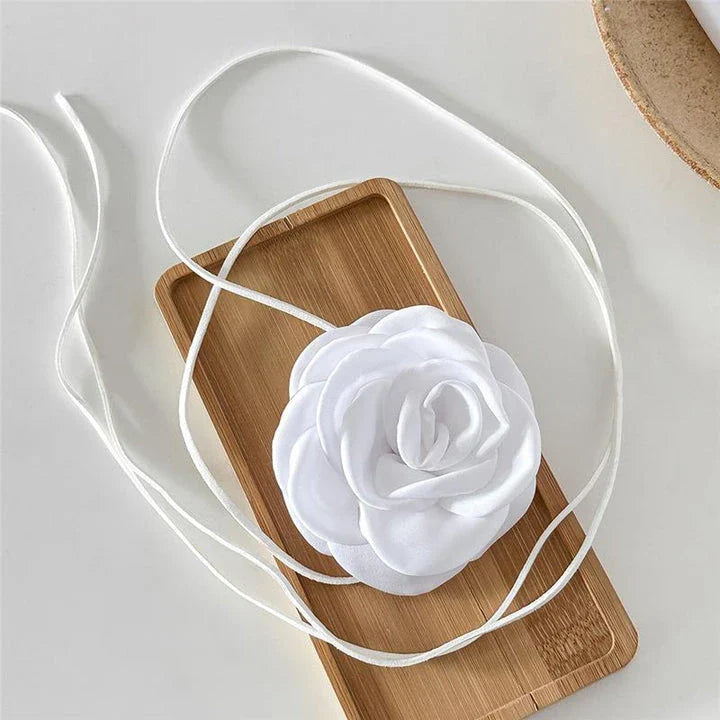 Elegant rose flower satin rope choker necklace with adjustable bowknot closure