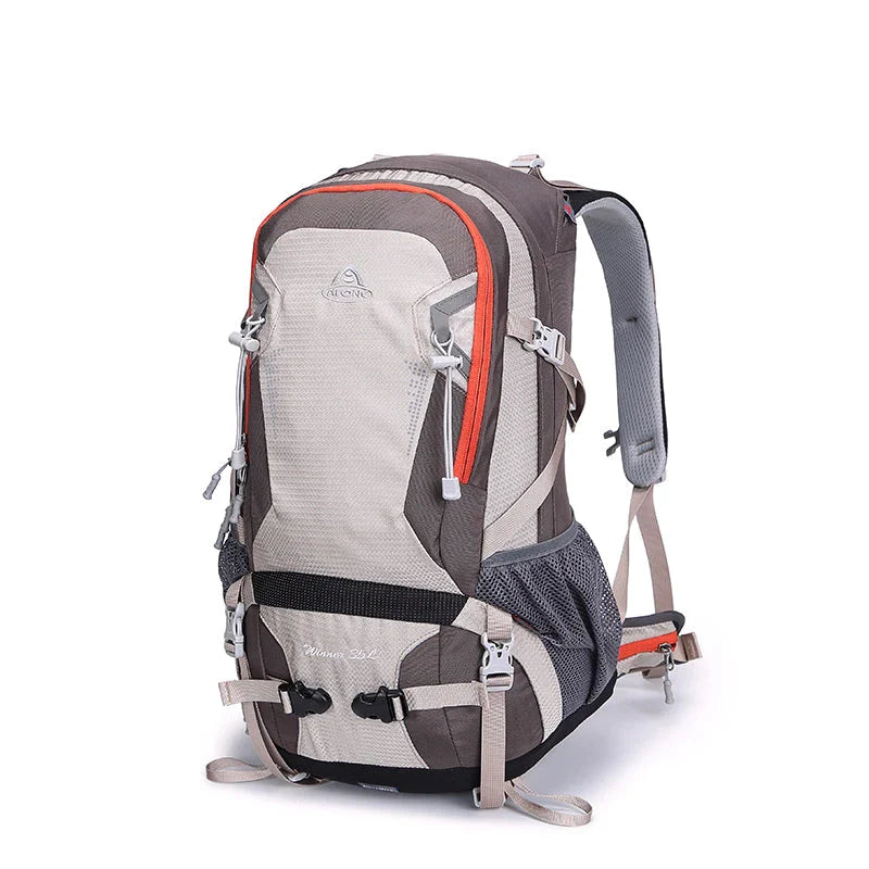 Durable outdoor climbing backpack with integrated raincover, featuring waterproof nylon construction, adjustable straps, and multiple storage compartments.