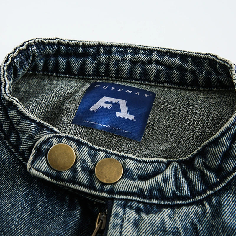Retro-inspired men's denim jacket with intricate embroidered detailing, perfect for casual and smart-casual outfits