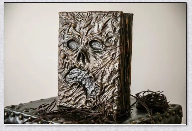 A haunting Necronomicon book with an embossed monster cover, aged pages, and a leathery, deathly texture