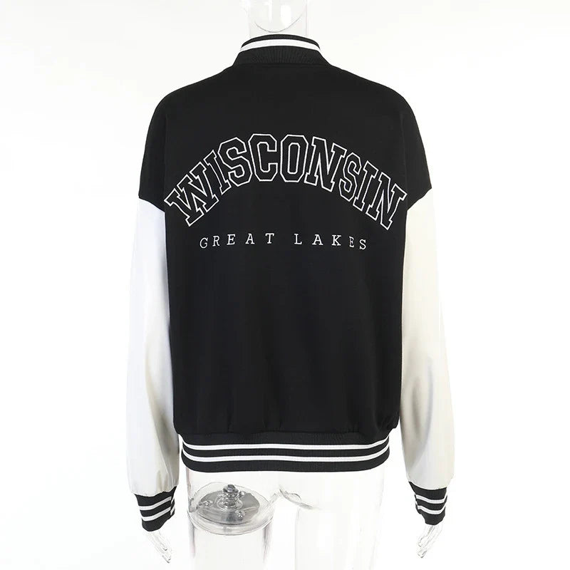 A classic British-style baseball jacket with contrast PU stitching, showcasing a sophisticated and versatile design for casual wear.