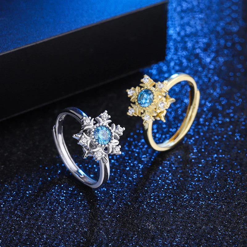 Elegant Snowflake Sterling Silver Ring with Genuine Sapphire Accent