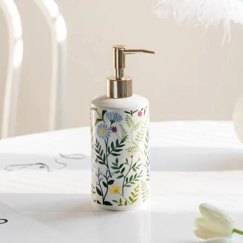 Ceramic Flower Soap Dispenser with elegant floral design for luxurious bathroom décor
