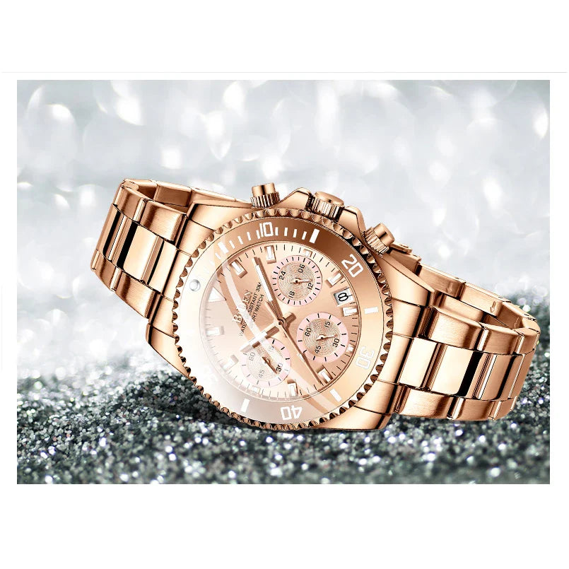 Elegant ladies' fashion watch with multifunctional features like luminous display, calendar, and 24-hour indication for professional use