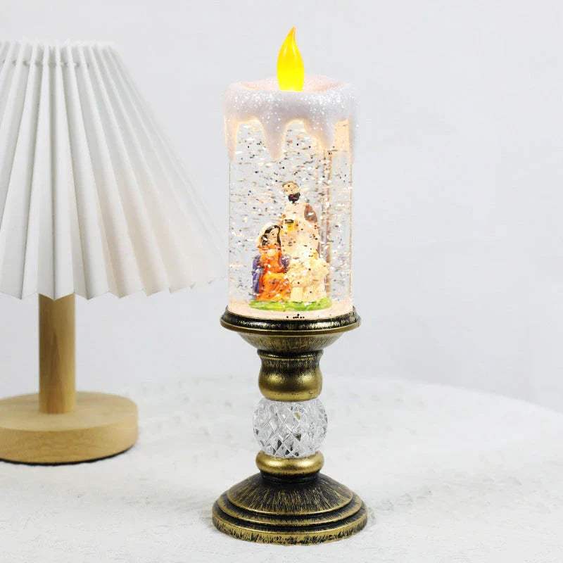 Charming Christmas candle scene layout with festive old man figure, panda pillow, and snowman candle