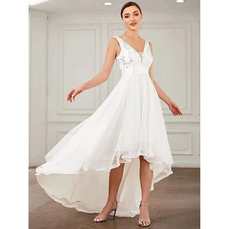 Elegant sequin gauze bridesmaid prom dress in a variety of sophisticated colours, featuring a flattering mid-length silhouette and sleeveless design with shoulder straps