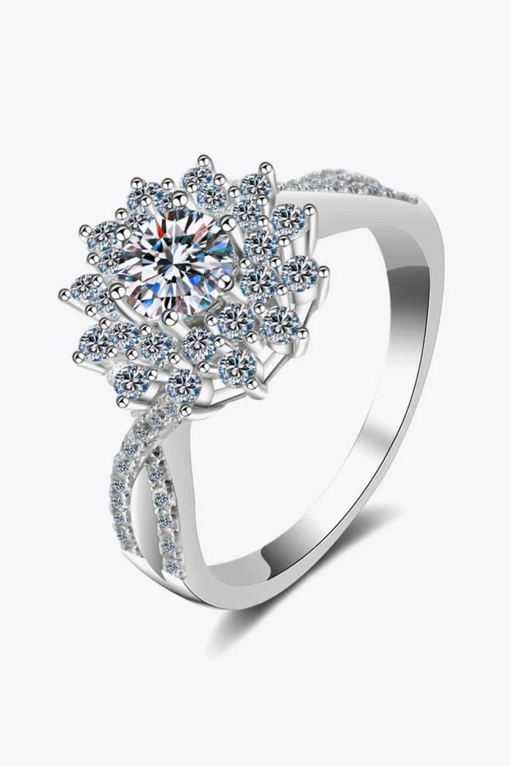Elegant moissanite flower-inspired split-shank ring in sterling silver and platinum plating