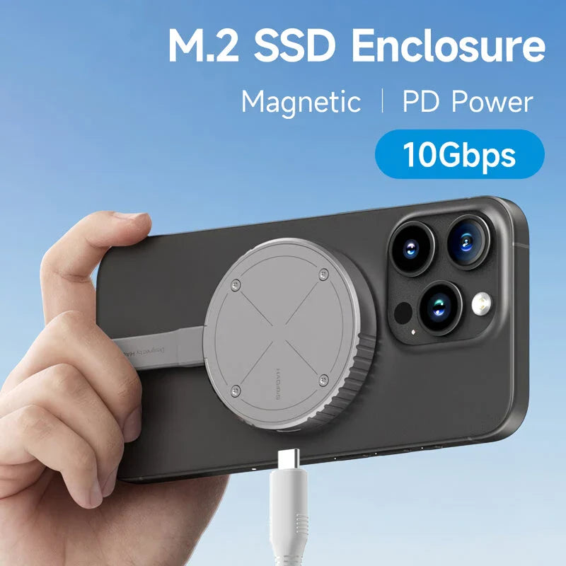 Compact and magnetic M.2 2230 NVMe SSD enclosure with USB-C connectivity and dual power outage protection