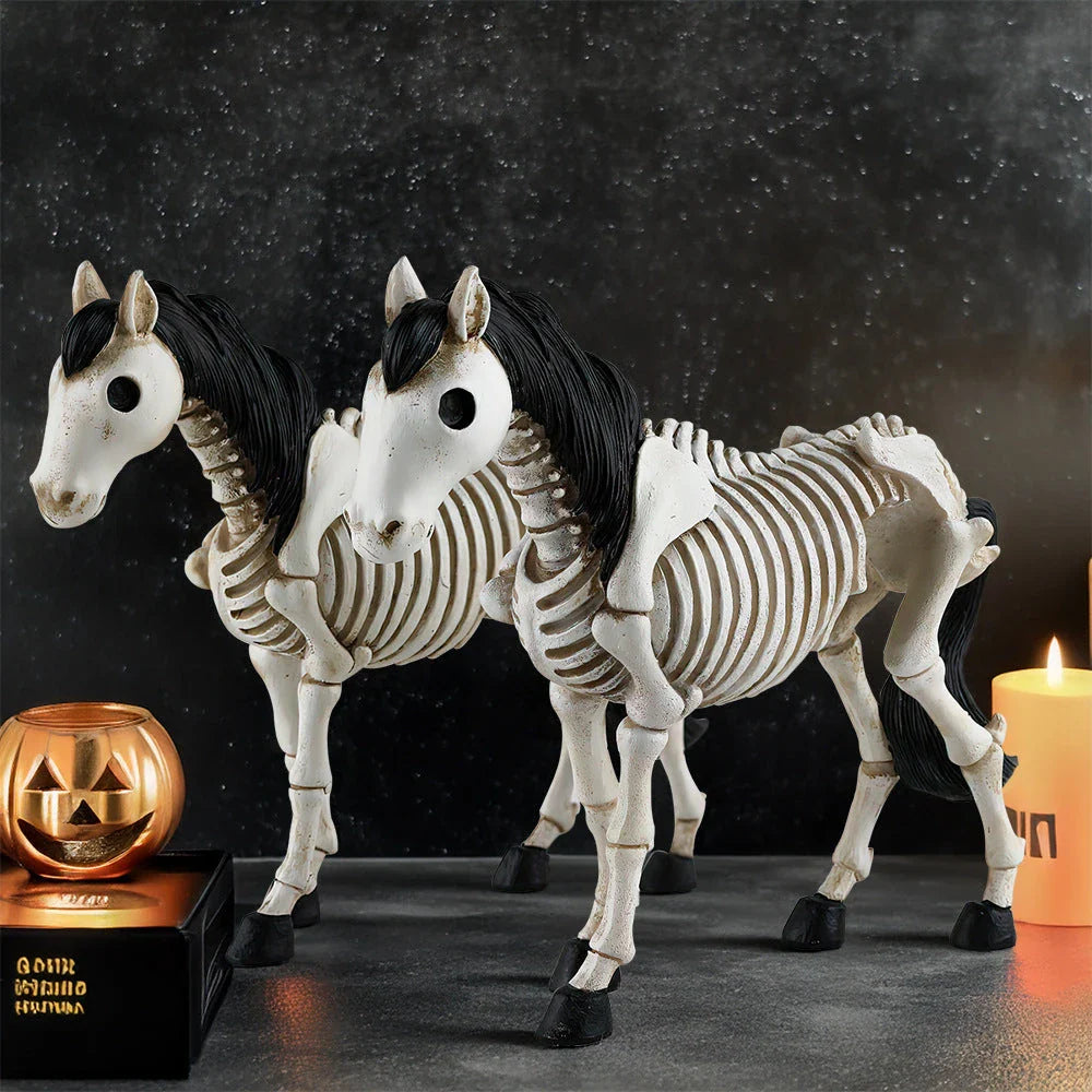 Detailed resin skeleton horse ornament in a spooky Halloween design, perfect for seasonal home decor