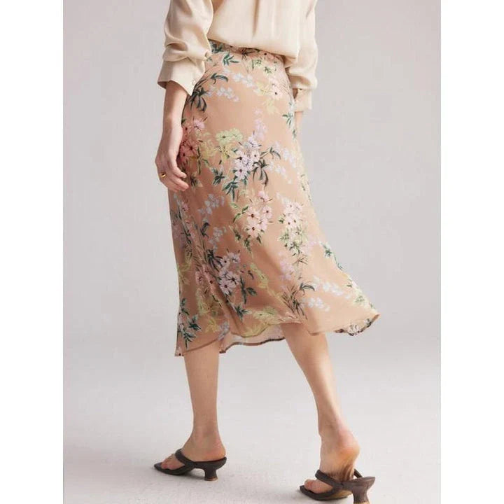 Elegant chiffon floral a-line skirt in coffee colour, perfect for the modern British woman's wardrobe