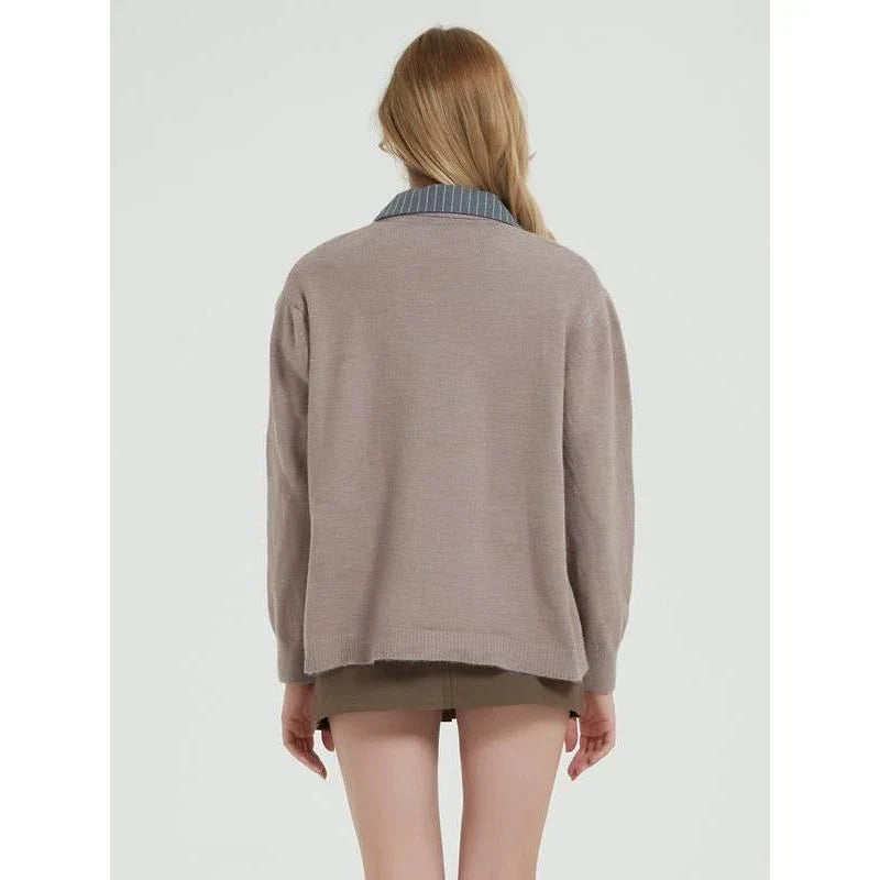 Coveted Autumn Patchwork Knit Cardigan in Khaki, featuring a unique patchwork design and classic turn-down collar