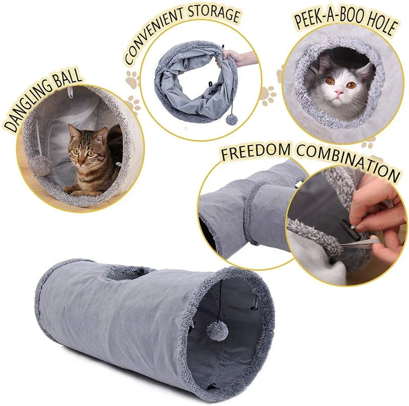Collapsible cat tunnel made of crinkle suede with a peek hole, designed for cat play and exploration