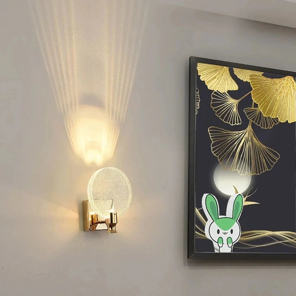 Elegant crystal LED wall lamp with copper body and glass shade, offering warm, cool, and neutral lighting modes for versatile home decor