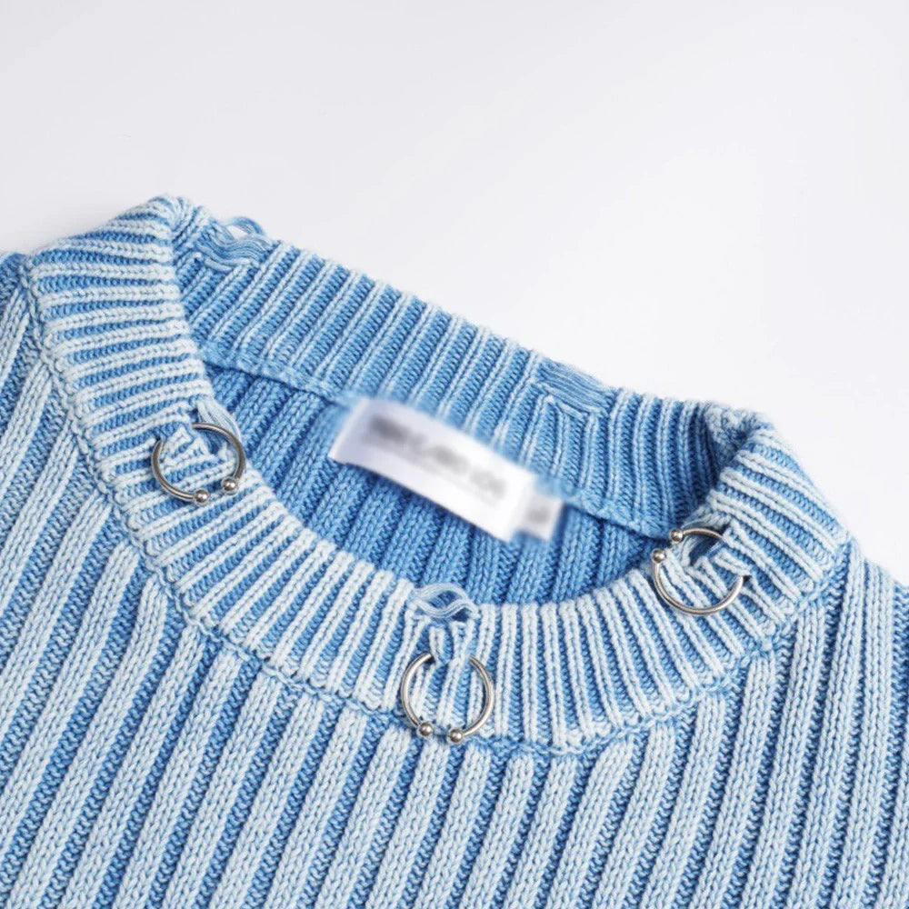 Classic ripped round neck jumper in a monochrome colour scheme, featuring a unique sunken stripe detail and a relaxed, comfortable fit.