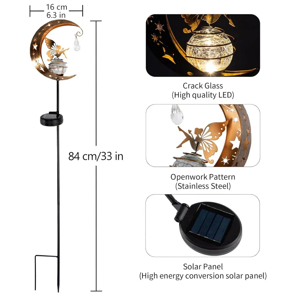 Decorative solar-powered garden light with a fairy and moon design, providing enchanting illumination for pathways, patios, and lawns.
