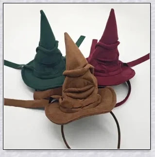 Sortband Halloween Witch Hat Headband in red, green, and brown colours with a unique, handcrafted design