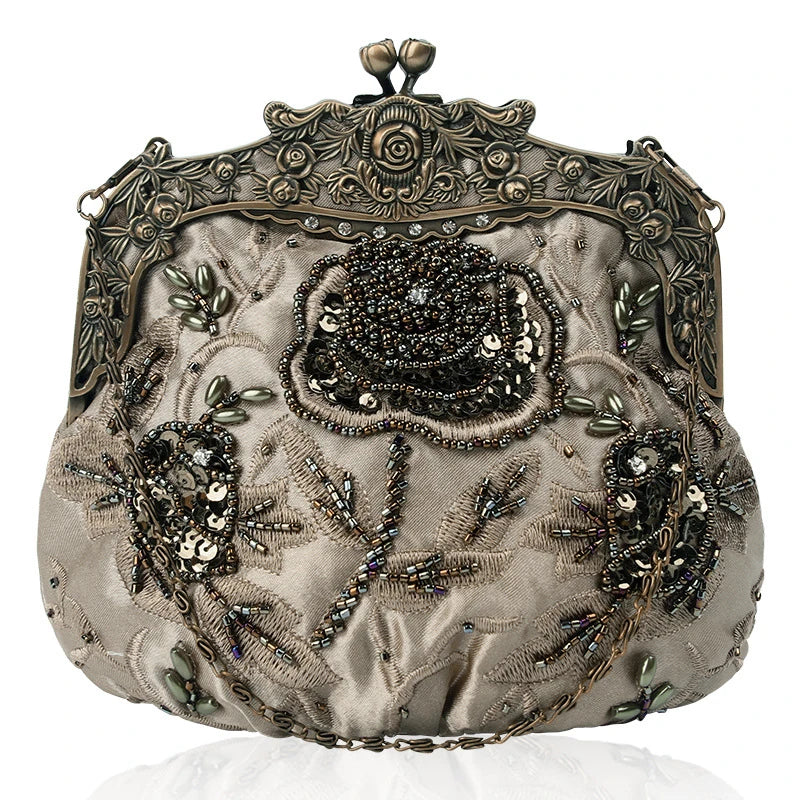 A black cosmetic bag with exquisite bead embroidery, featuring a silk surface and nylon fabric texture for a luxurious feel.