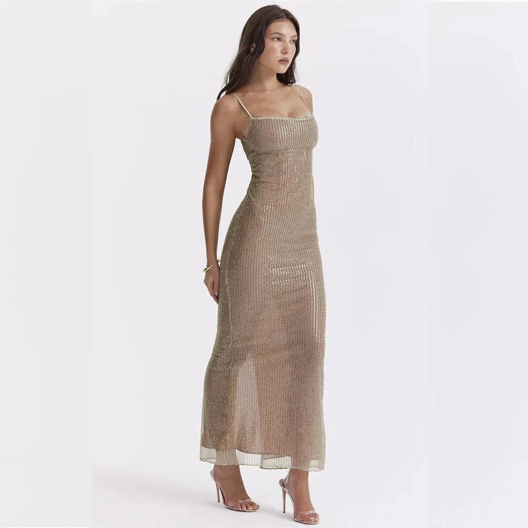 Elegant Sparkle Maxi Dress with spaghetti straps, backless design, and side split for a glamorous look