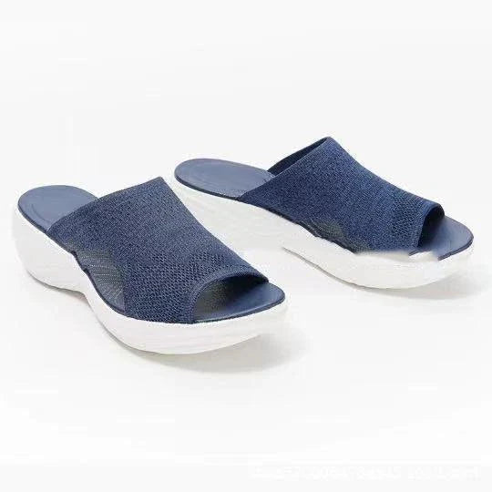 Plus size women's sporty sandals in blue, black, and pink colours featuring a chic fishmouth toe design and a comfortable, supportive sole