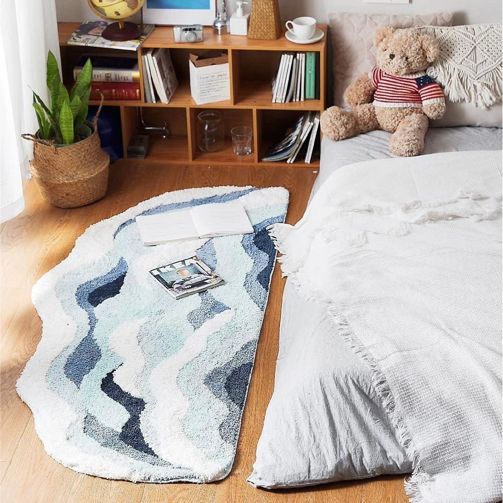 Charming blue waves pattern kids non-slip bedroom rug with soft, cushioned surface and anti-slip backing